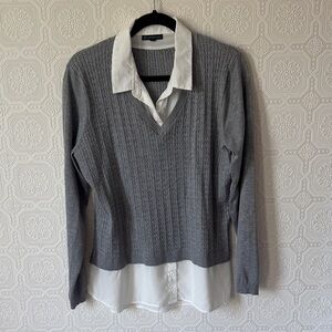 ⬇️ Adrianna Papell Three Quarter Sleeve Collared Twofer Sweater on Gray Size XL
